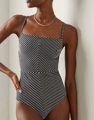 Black Striped Monokini with a Sarong - WomanLikeU
