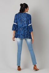 Blue Flared High Neck Bell Sleeves Top - WomanLikeU