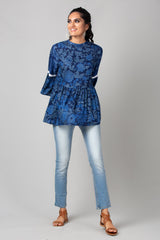 Blue Flared High Neck Bell Sleeves Top - WomanLikeU