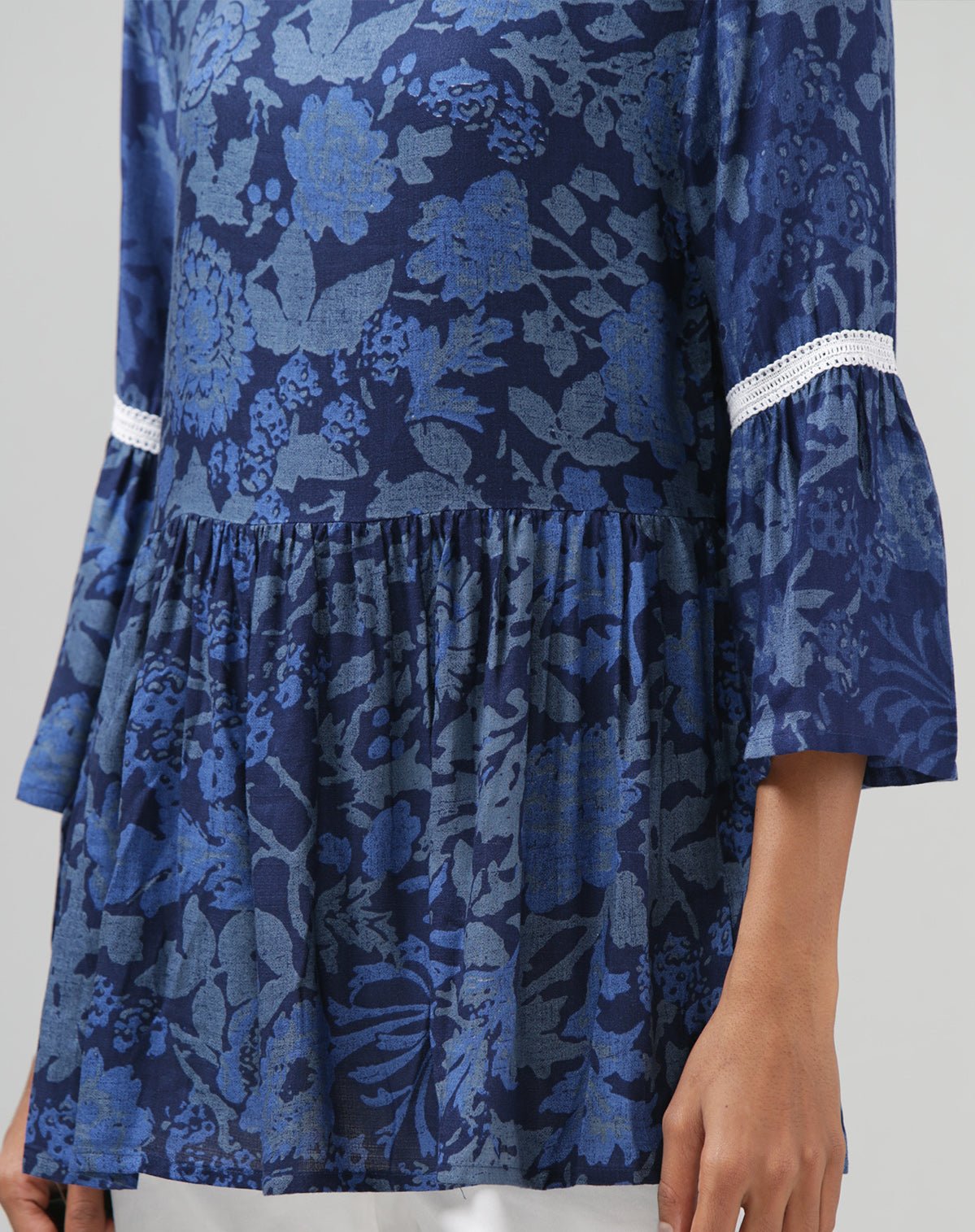 Blue Flared High Neck Bell Sleeves Top - WomanLikeU