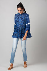 Blue Flared High Neck Bell Sleeves Top - WomanLikeU