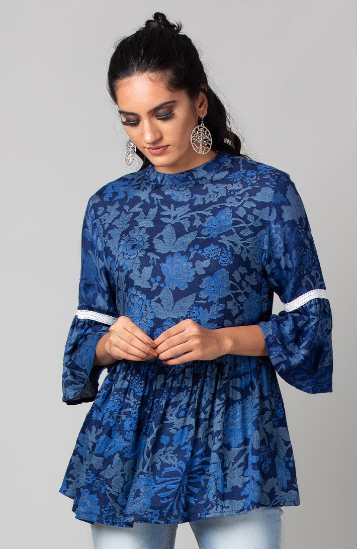 Blue Flared High Neck Bell Sleeves Top - WomanLikeU