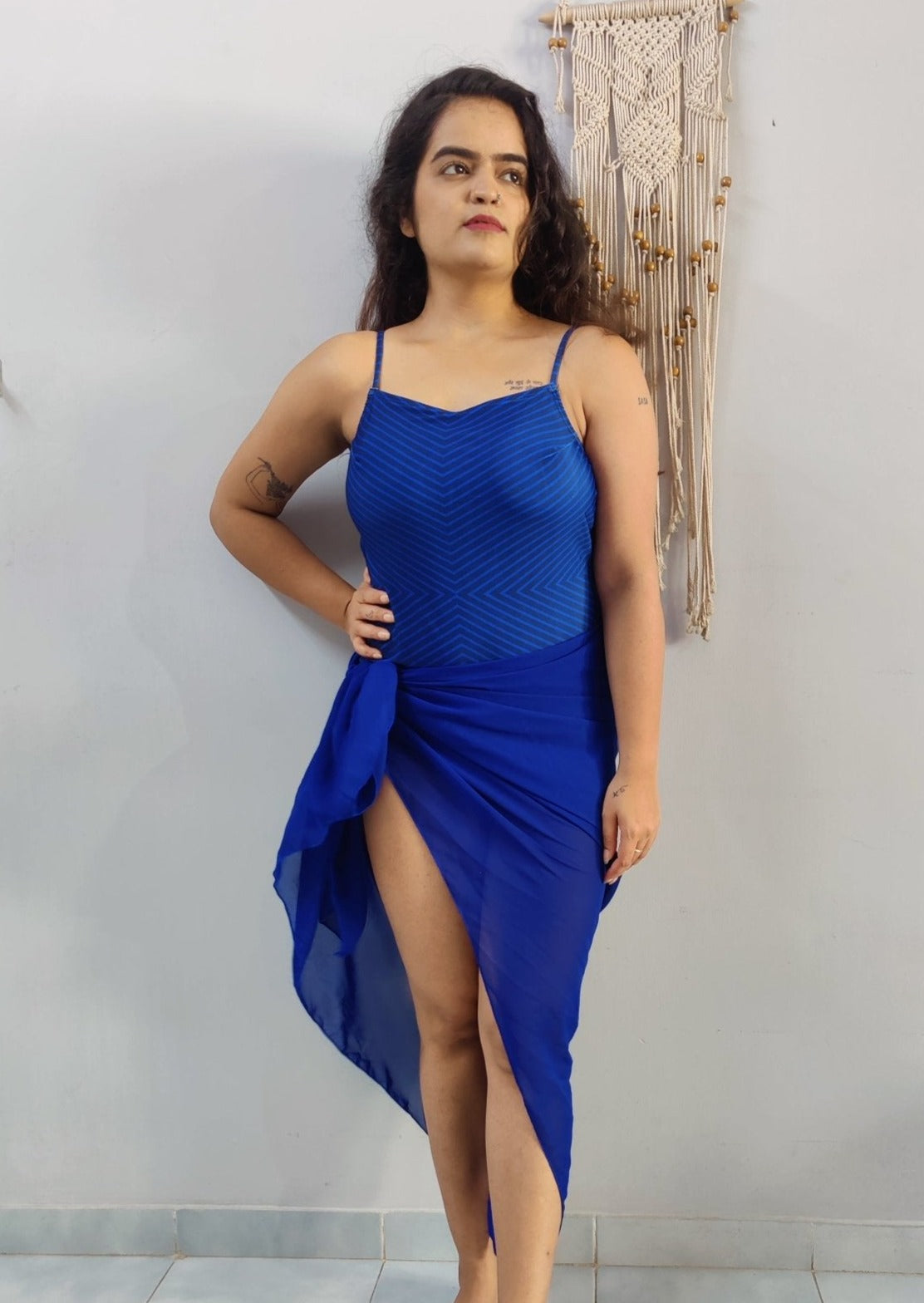 Blue striped Monokini with a Sarong - WomanLikeU