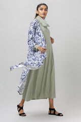 Green cowl neck dress with blue and white shrug - WomanLikeU