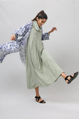 Green cowl neck dress with blue and white shrug - WomanLikeU