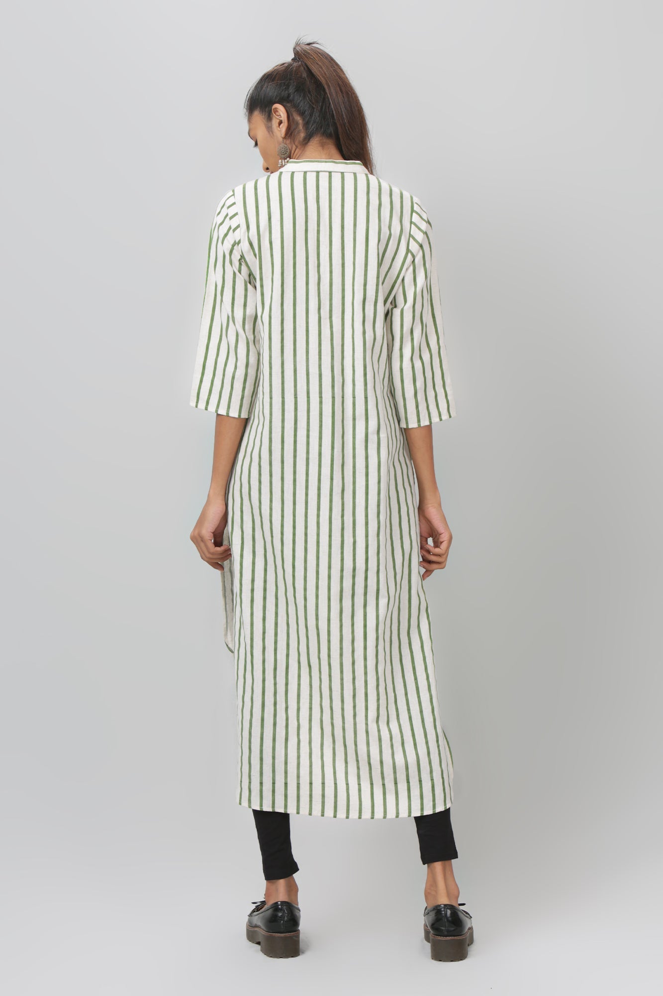 Green & White Striped Asymmetric Mandarin Collar Kurti - WomanLikeU
