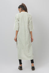Green & White Striped Asymmetric Mandarin Collar Kurti - WomanLikeU