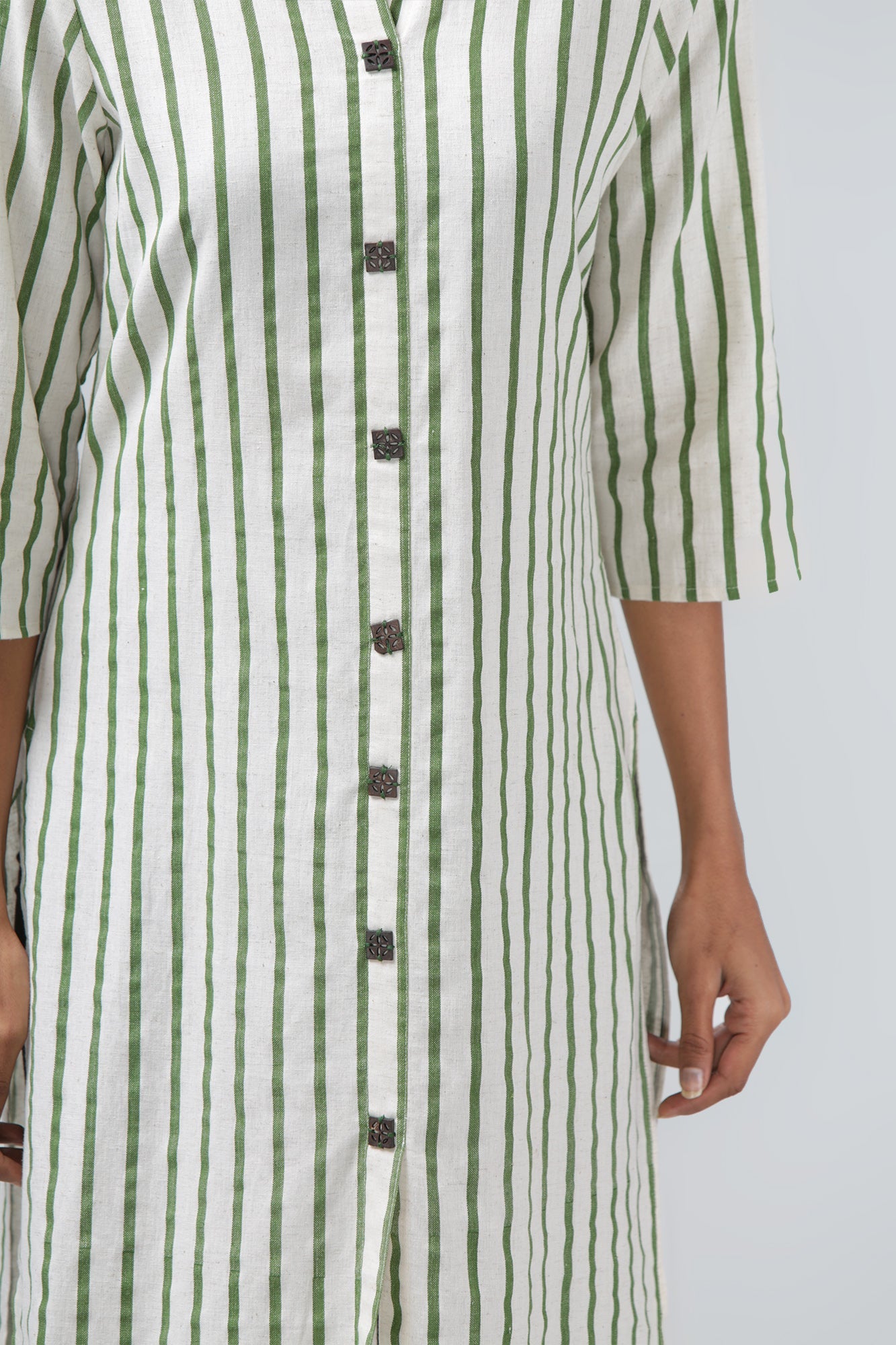 Green & White Striped Asymmetric Mandarin Collar Kurti - WomanLikeU