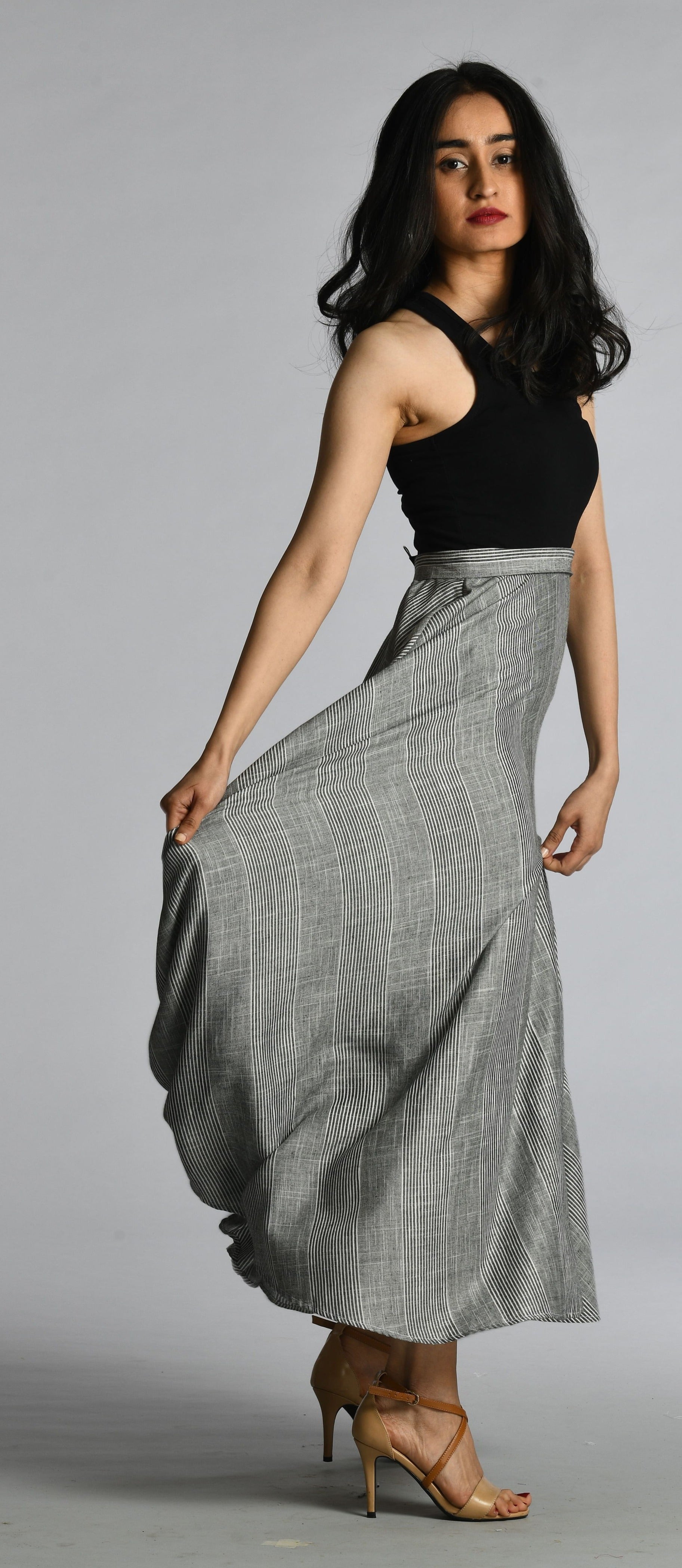 Grey Chambray Bias Full Length Skirt