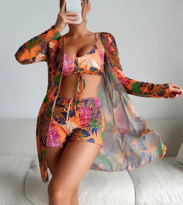 Orange Printed Tankini with a Shrug - WomanLikeU