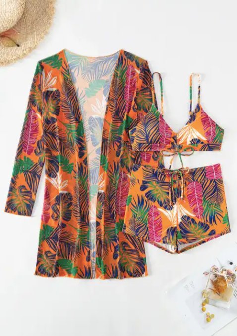 Orange Printed Tankini with a Shrug - WomanLikeU