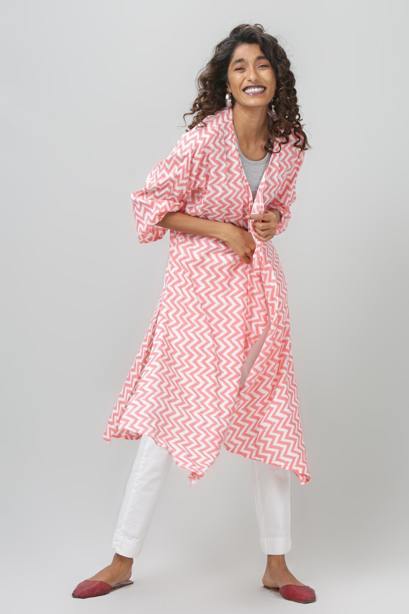 Pink and White Striped Asymmetric Shrug - WomanLikeU