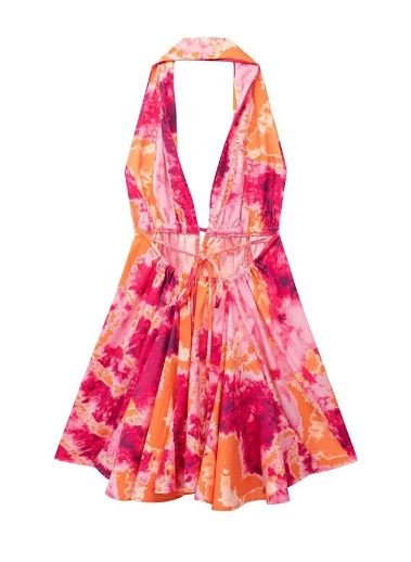 Pink Halter-neck Flared Dress - WomanLikeU