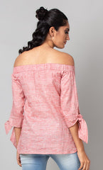 Pink Off Shoulder Tie Up Sleeve Top - WomanLikeU
