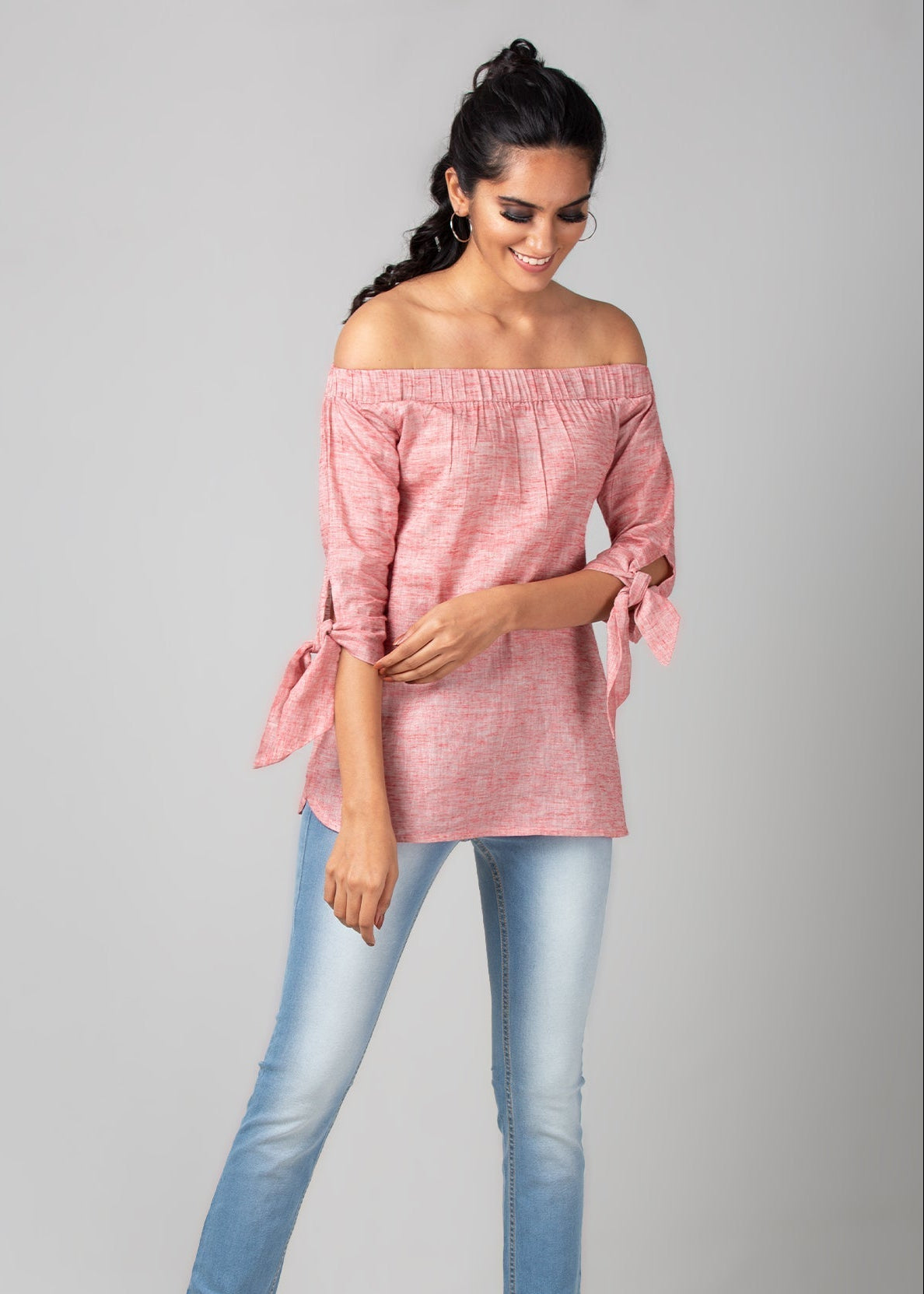 Pink Off Shoulder Tie Up Sleeve Top - WomanLikeU