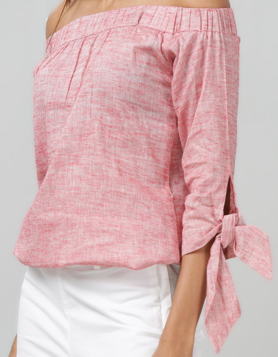 Pink Off Shoulder Tie Up Sleeve Top - WomanLikeU