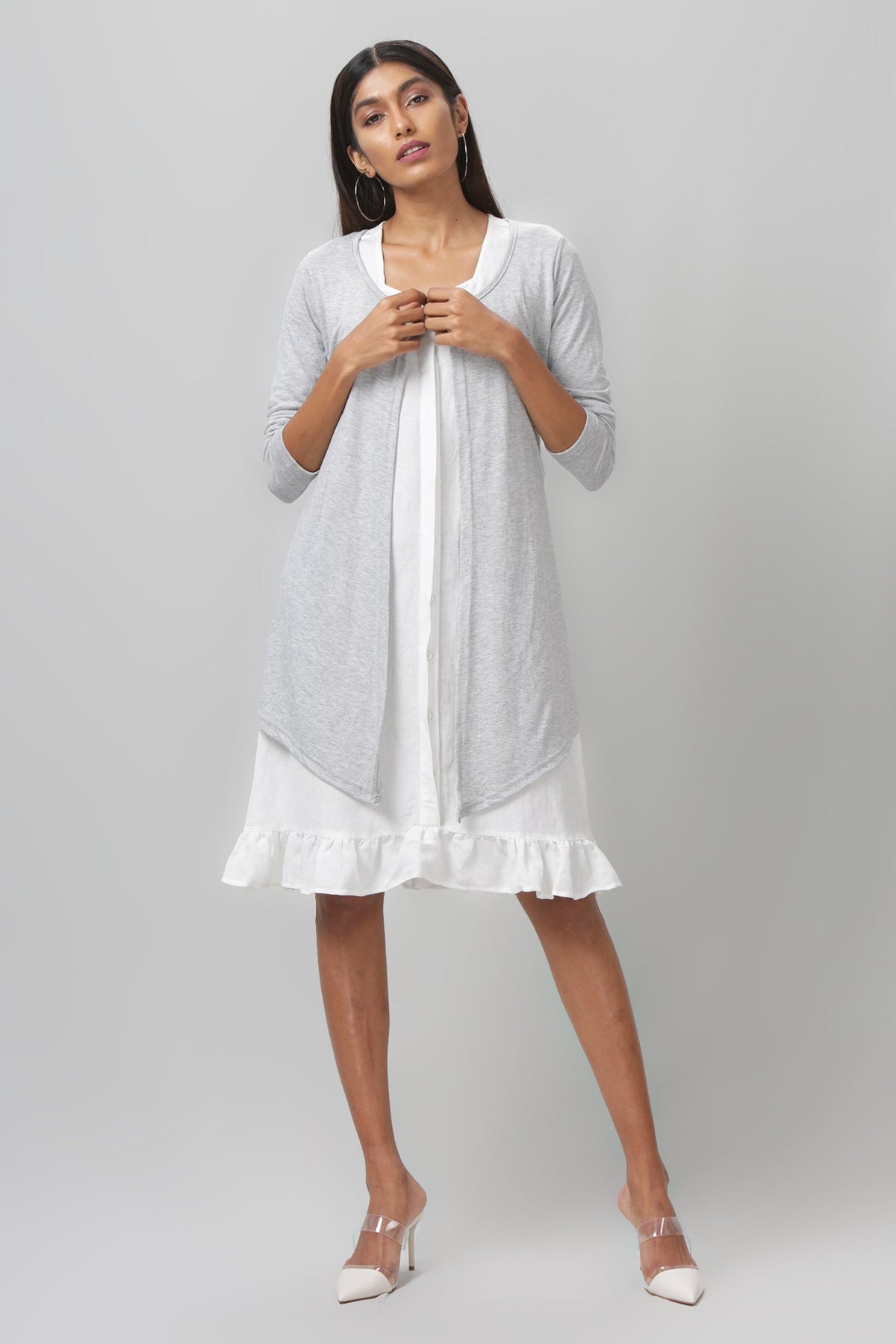 White dress with grey short shrug - WomanLikeU