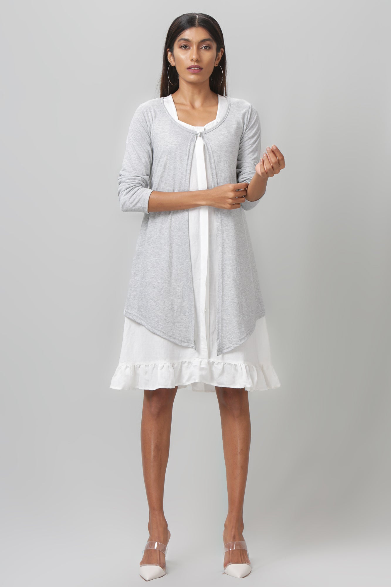 White dress with grey short shrug - WomanLikeU