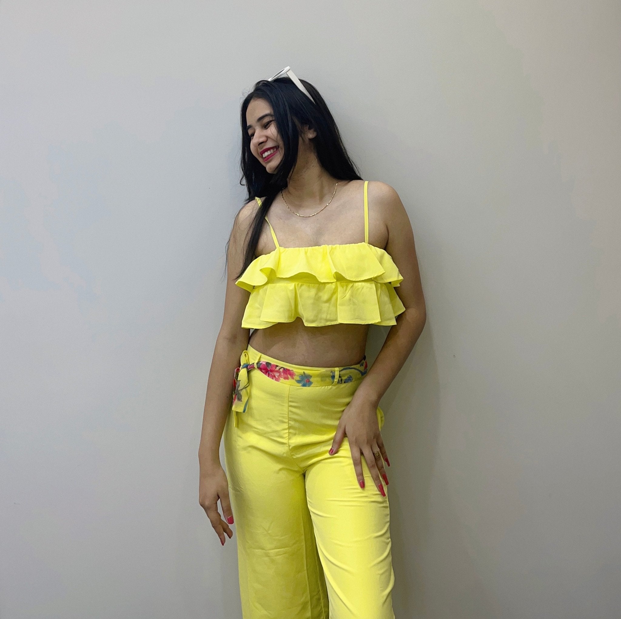 Yellow co-ord set with printed belt - WomanLikeU