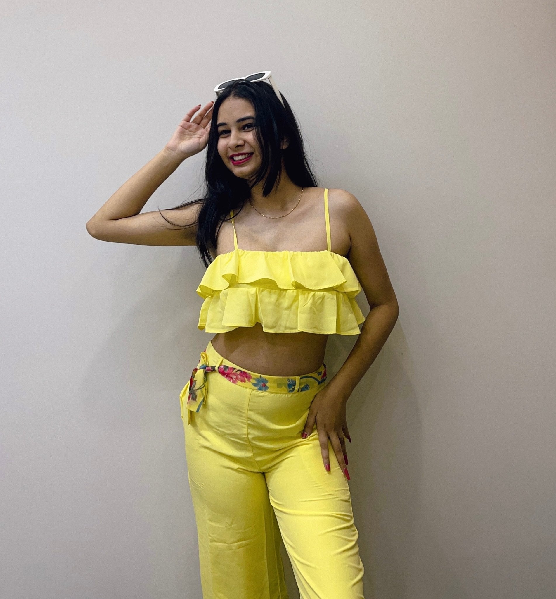 Yellow co-ord set with printed belt - WomanLikeU