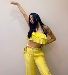 Yellow co-ord set with printed belt - WomanLikeU