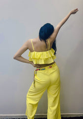 Yellow co-ord set with printed belt - WomanLikeU